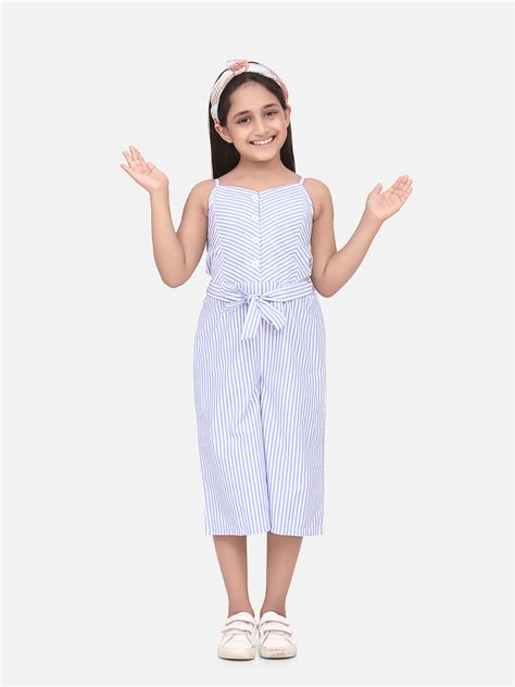Girls Cotton Blend Blue Stripe 3/4th Jumpsuit – Stylestone
