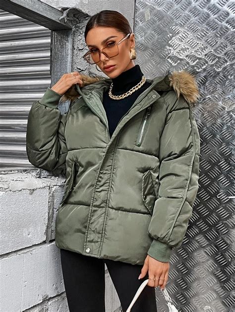 SHEIN BAE Women Padded Zip-Up Hooded Coat, Solid Color Long Sleeve ...