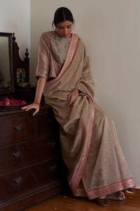 Buy Brown Handloom Cotton, Chanderi Embroidery, Lace Bordered Saree ...