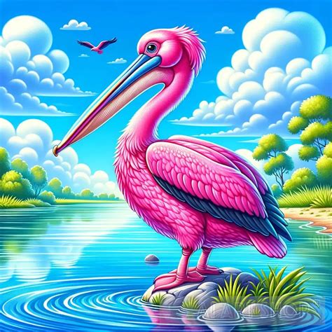 Pink Pelican, Vibrant Illustration, Lagoon, Serenity, Blue Waters,