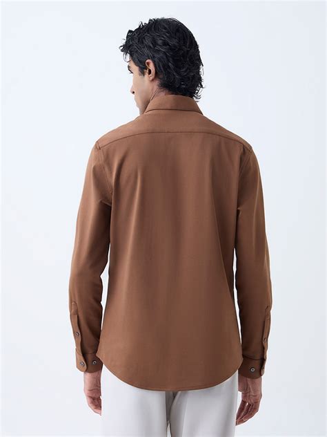 Buy WES Formals Tan Solid Slim-Fit Cotton-Blend Shirt from Westside