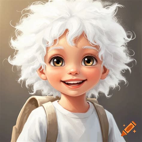 A portrait of a young boy with white curly hair and bright eyes smiling ...