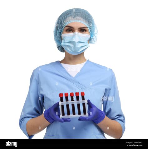 Laboratory testing. Doctor with blood samples in tubes on white background Stock Photo - Alamy