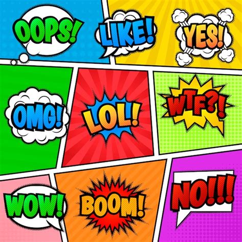 Set of nine different, colorful stickers at colorful comic strip ...