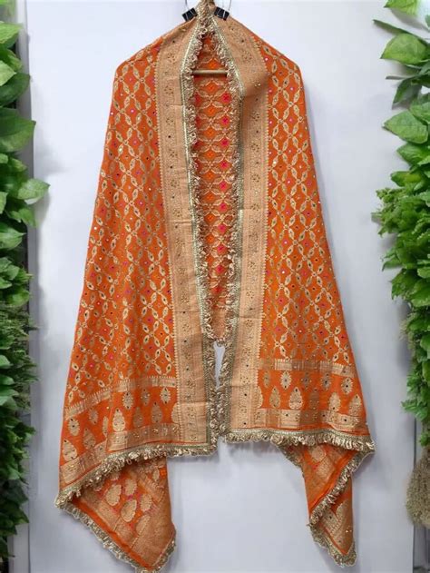 Orange Color Leheriya Exclusive Bridal Bandhani Real Mirror Work ...