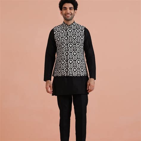 Black Geometric Kurta Jacket Set – Kisah