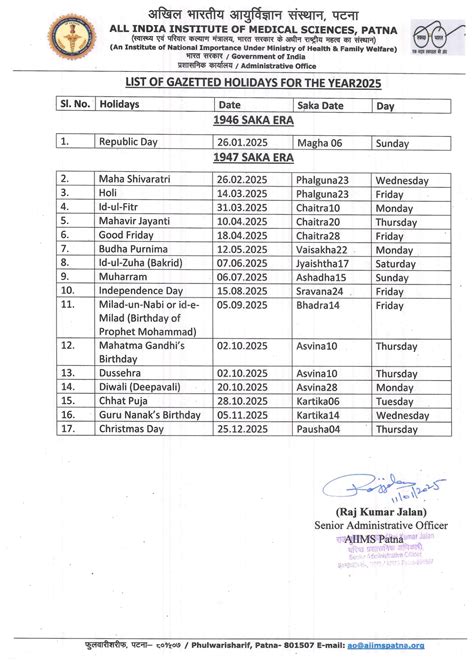 AIIMS Patna 2025 Holiday Schedule