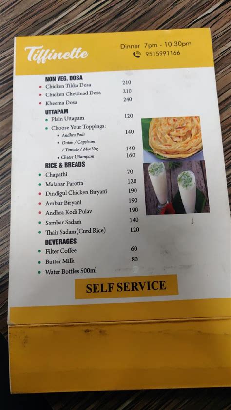 Menu at Tiffinette, Hyderabad, 7-91/1