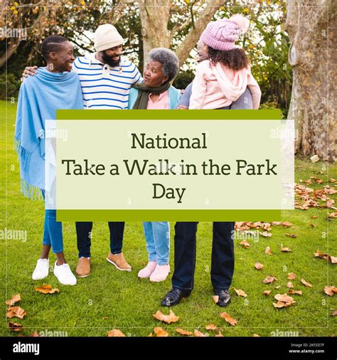 Composition of national take a walk in the park day text and family in ...