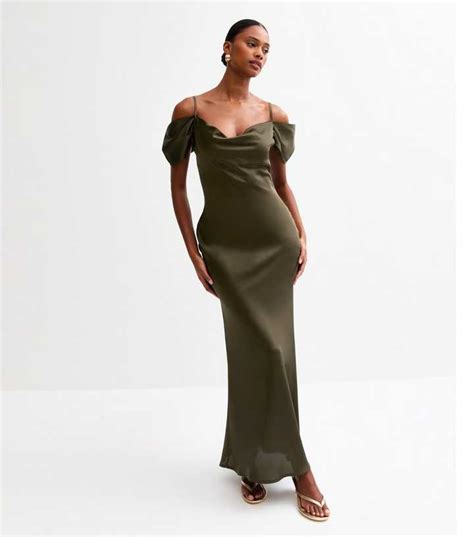 Khaki Satin Bardot Midi Dress | New Look
