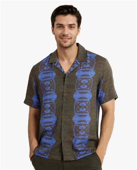 Rare Rabbit Men's Vero Olive Linen Blend Abstract Print Boxy Fit Half