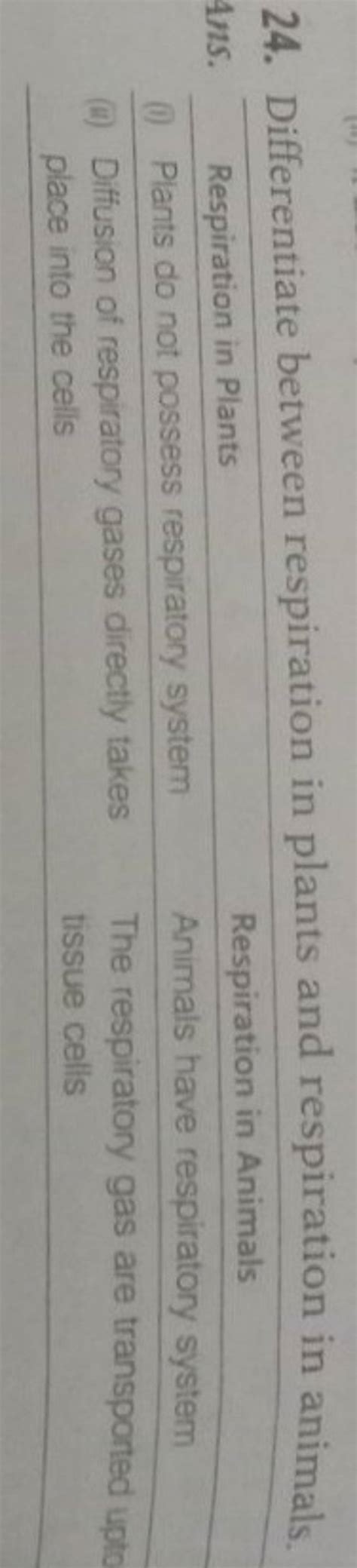 24. Differentiate between respiration in plants and respiration in animal..