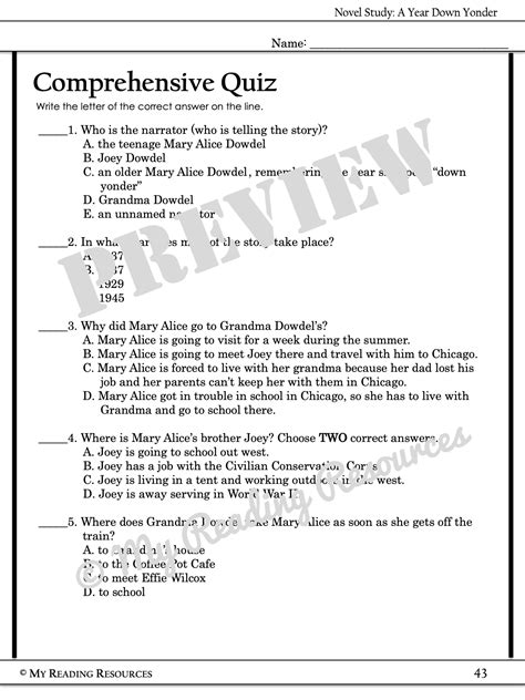 A Year Down Yonder Comprehensive Quiz - My Reading Resources