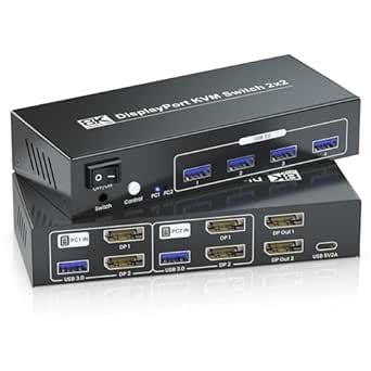 8K@60Hz Dual Monitor Displayport KVM Switch 2 Monitors 2 Computers, USB ...