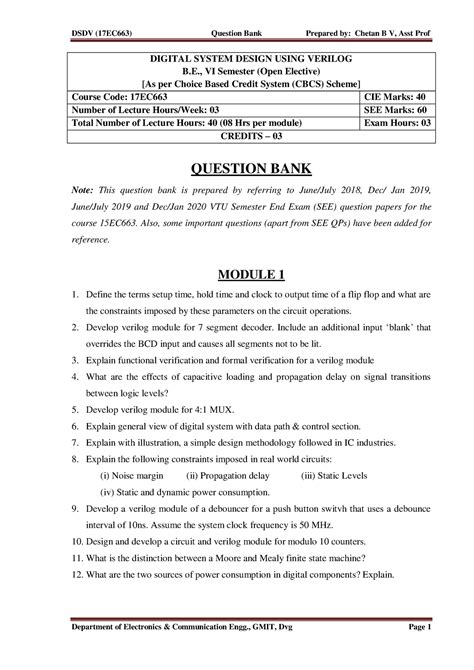 DSDV 17EC663 15EC663 Question Bank - DIGITAL SYSTEM DESIGN USING ...