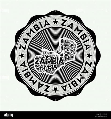 Zambia seal. Country round logo with shape of Zambia and country name in multiple languages word ...