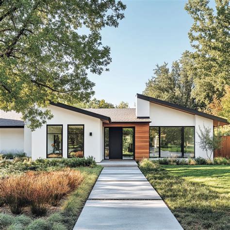 A distinctive entryway in modern style, this house exterior showcases ...