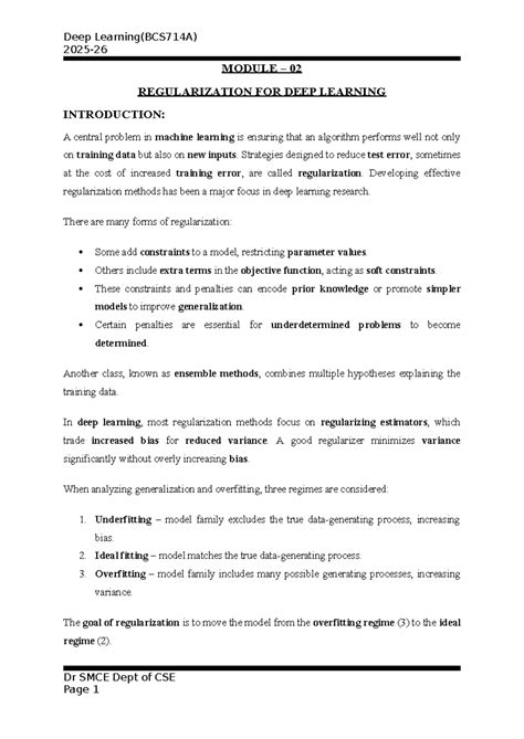 Deep Learning Regularization Techniques (BCS714A) Module 02 Notes - Studocu