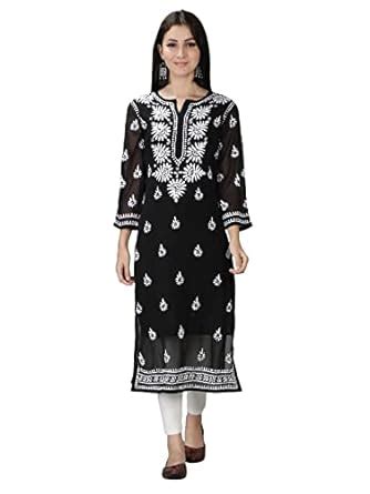 Seva Chikan Hand Embroidered Lucknowi Chikankari Black Georgette Women ...