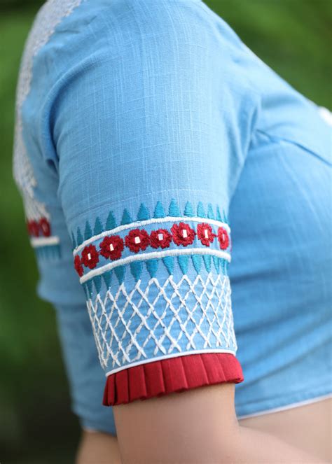 Powder Blue Cotton Blouse with Contrast Embroidery at the Back and on ...