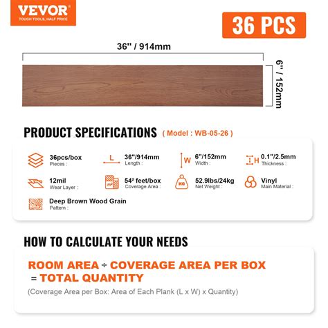 VEVOR Self Adhesive Vinyl Floor Tiles 36 x 6 inch, 36 Tiles 2.5mm Thick ...