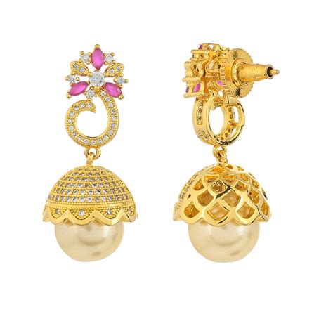 CZ Traditional Gold Plated Red & White Jhumka Earrings – VOYLLA