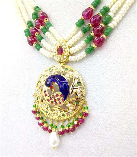 22k Peacock pearl necklace and Earrings beautiful enamel ruby emerald ...
