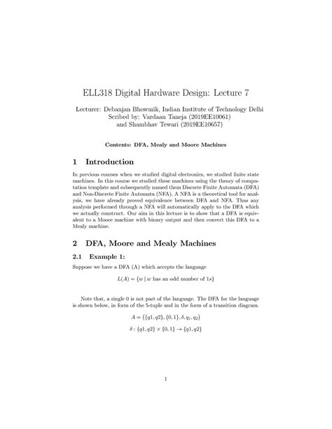 ELL318 Lecture 7 Mealyand Moore Machines DBRevised - ELL318 Digital ...