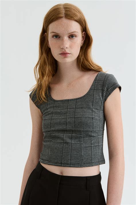 Cap-sleeved top - Grey/Checked - Ladies | H&M IN