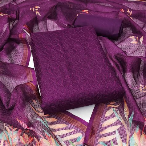 Dark Purple Embroidered Kota Doria Dress Material