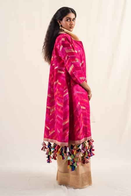 Buy Pink Silk Chikankari Lapel Collar Mela Patchwork Embroidered Jacket ...