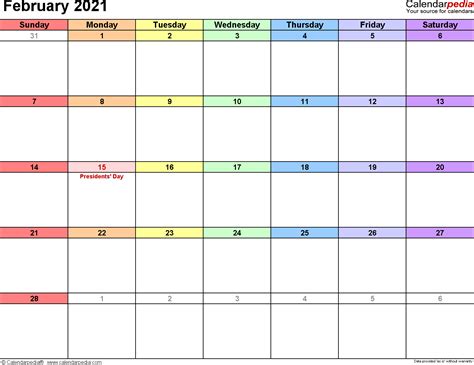 February 2021 Calendars for Word, Excel & PDF