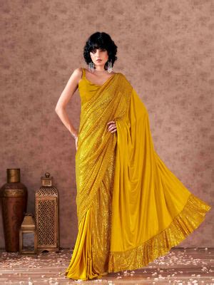 Buy Tikhi Imli Women Yellow Sequined Lycra Saree with Unstitched Online