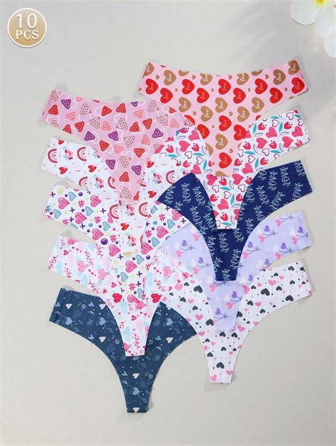 10pcs/Set Women Seamless Thong Panties With Heart & Letter Print ...