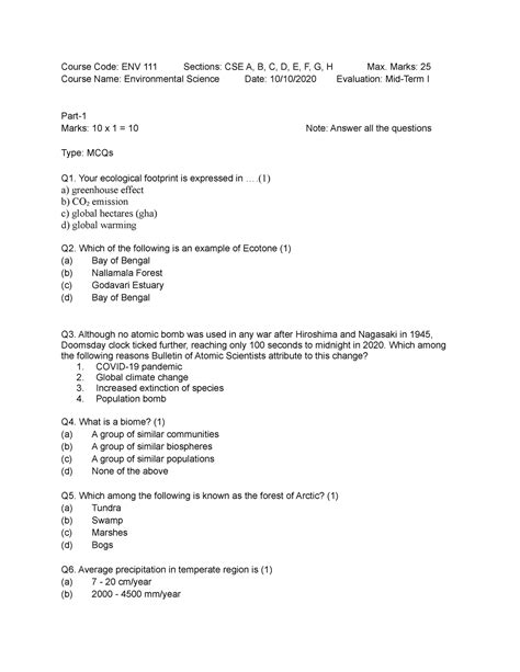 Midterm-1 re-exam QP - question paper - Course Code: ENV 111 Sections ...