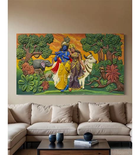 Buy 7x4 Feet Radha Krishna 3D Elevation Sculpture Relief Mural Wall Art ...