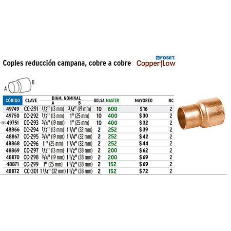 Cople reducción campana cobre, 3/4'x 1/2' Foset Cople reducción campana ...