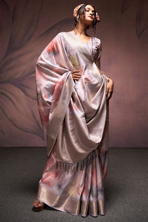 Buy Twilight Grey and Pink Banarasi Digital Printed Silk Saree Online ...
