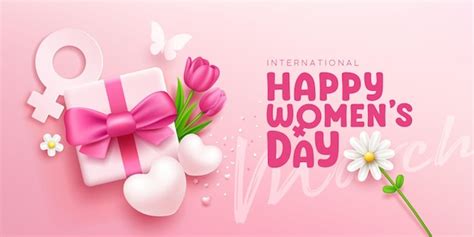 Happy women's day gift box pink bows ribbon with tulip flowers and ...