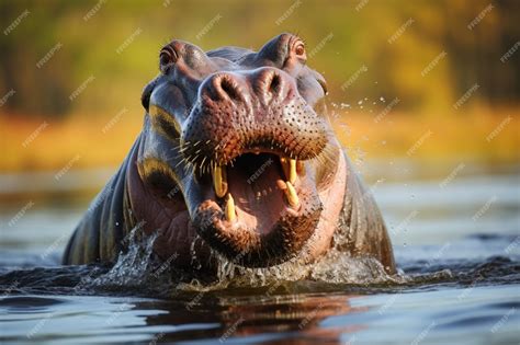 Premium AI Image | Dominant hippo showcases aggression signaling territorial authority through ...
