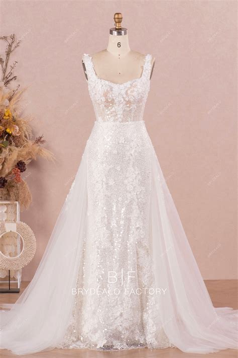 Designer 3D Lace Sweetheart Neck Sequin Mermaid Overskirt Bridal Dress