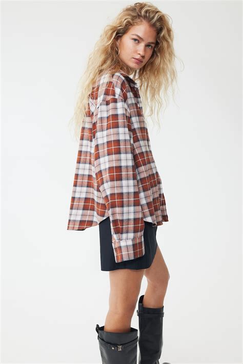 Oversized cotton shirt - Brown/Checked - Ladies | H&M IN