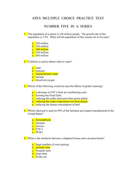 APES Multiple Choice Practice TEST 5 - APES MULTIPLE CHOICE PRACTICE ...
