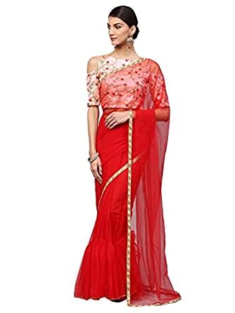 Buy Inddus Women's Net Saree With Blouse (IND-ISR-293_Red) at Amazon.in