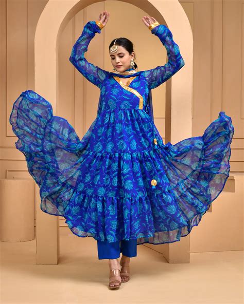 BLUE PRINTED CHIFFON ANARKALI SET – Bannhi