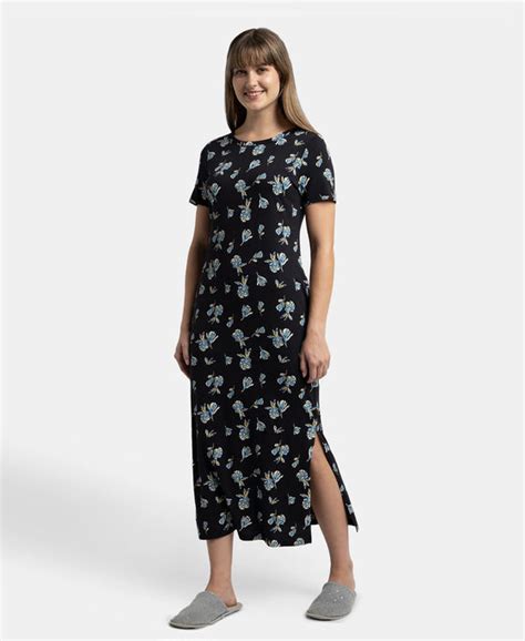 Buy Super Combed Cotton Long Length Printed Lounge Dress - Black RX79 ...