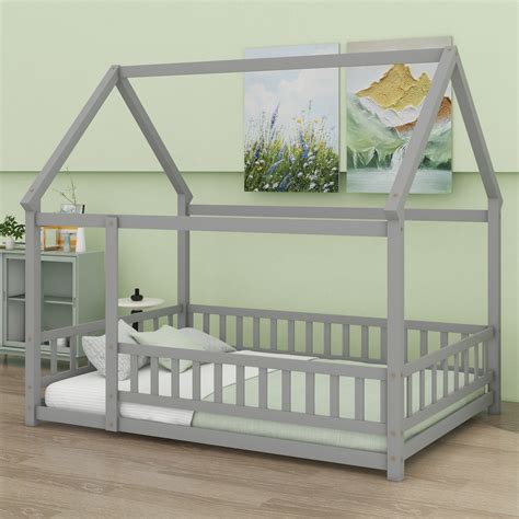 Ophelia & Co. Floor Wooden Bed With House Roof Frame, Fence Guardrails ...