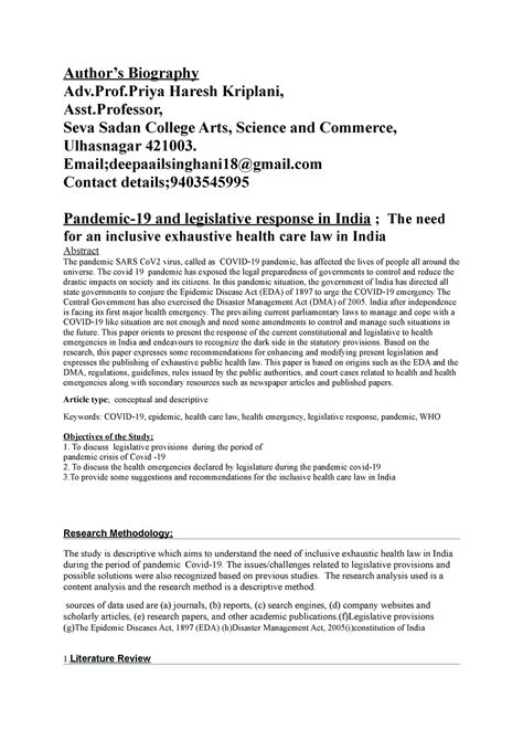 Pandemic-19 and legislative response in India ; The need for an ...