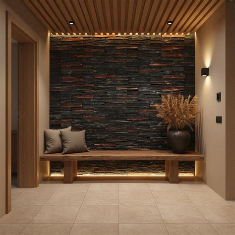 Modern foyer with stacked stone cladding, wooden bench, and beige floor ...