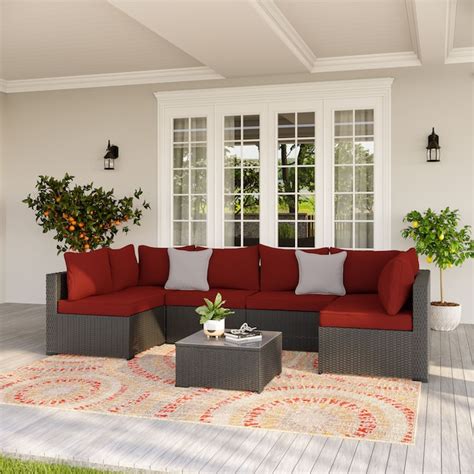Style Selections Wicker Outdoor Sectional with Red Cushions and Steel ...